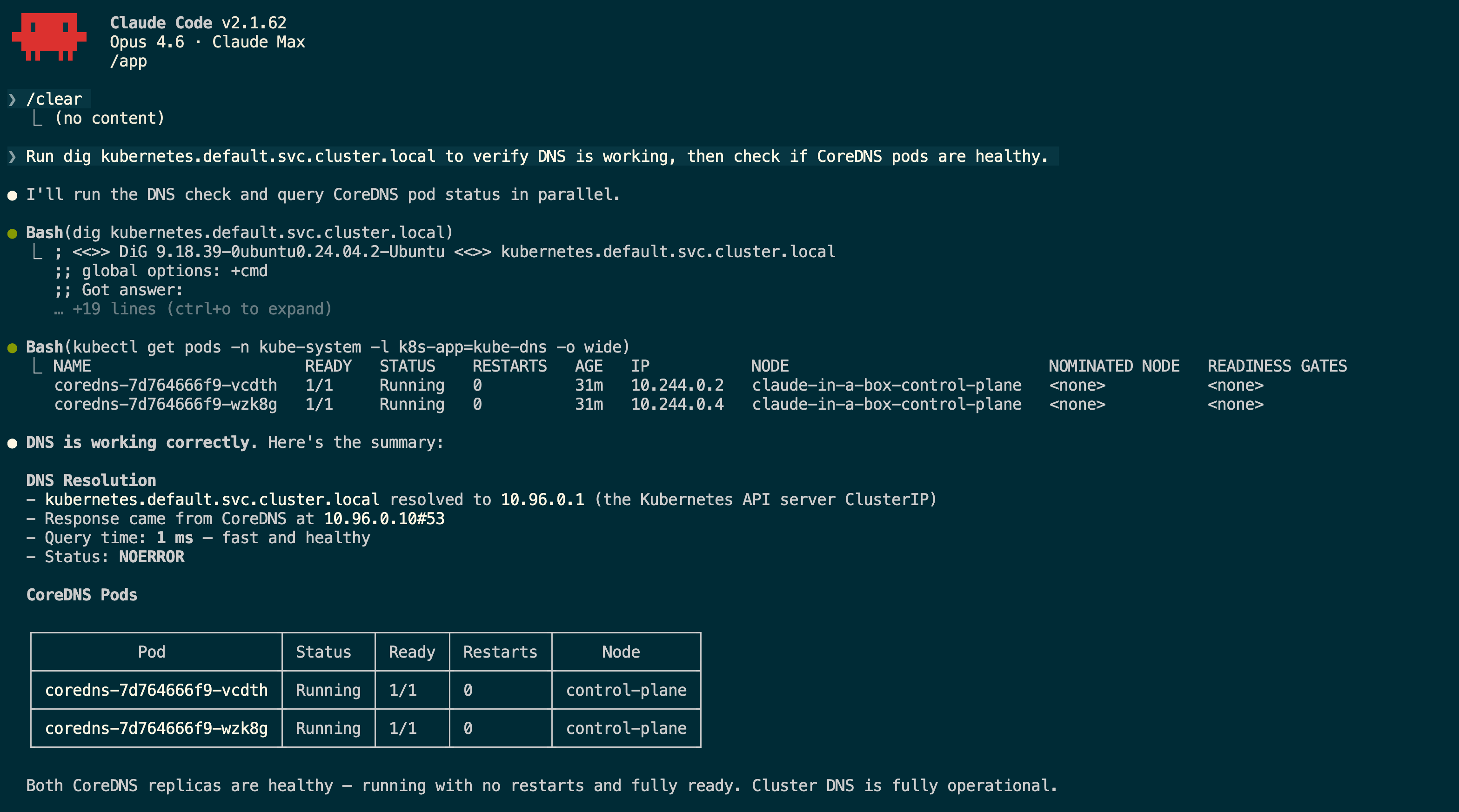Claude Code running dig for DNS resolution and kubectl to check CoreDNS health, showing successful DNS resolution and 2 healthy CoreDNS replicas